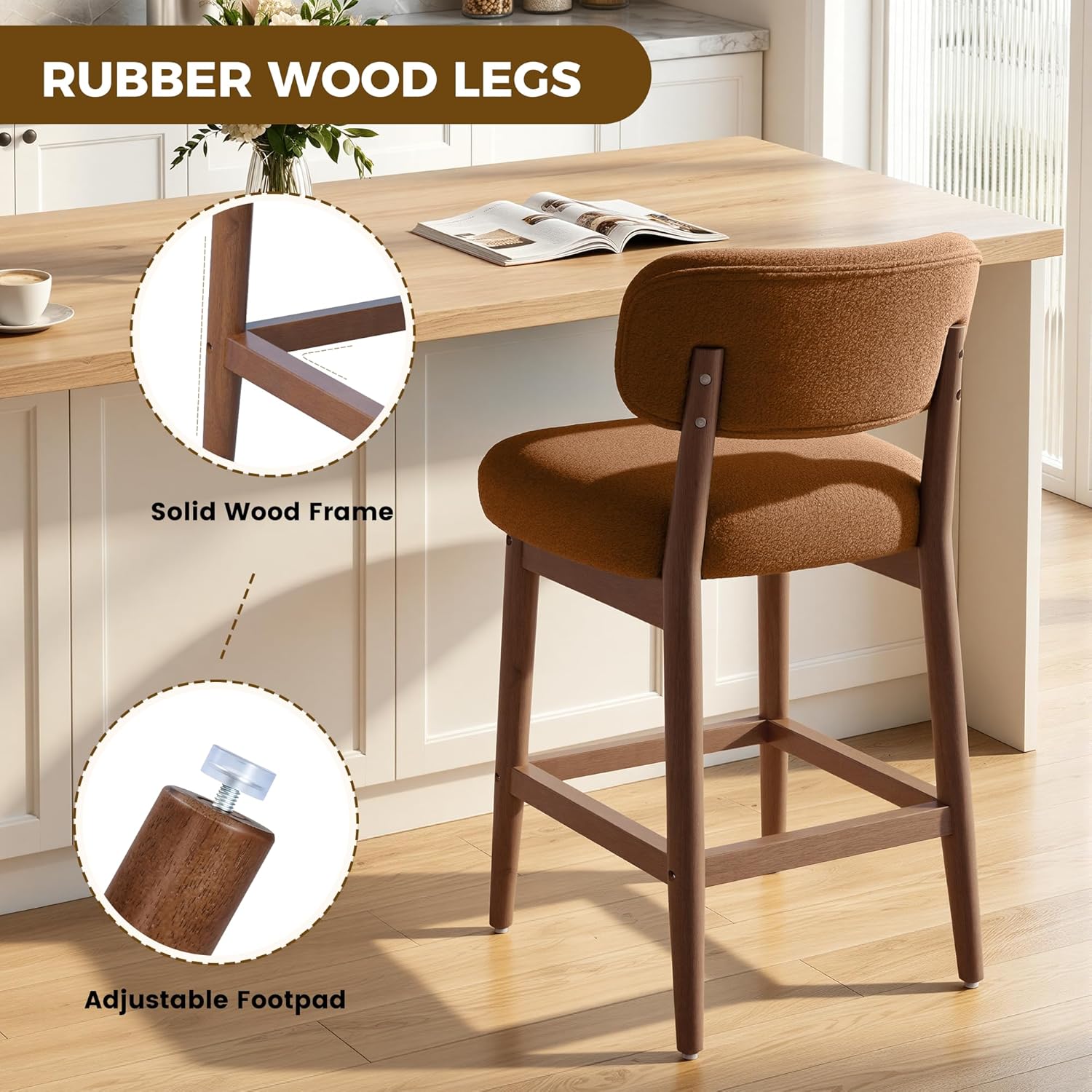 Counter Height Bar Stools Set of 2, Mid-Century Modern Boucle Bar Chairs with Solid Wood Frame, Upholstered Stools with Backrest for Kitchen Island, Home Bar, Caramel Brown