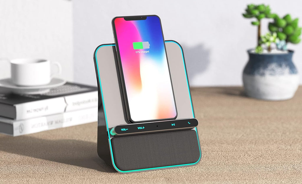 Wireless Charging Audio Dock by Azpen with Dual 8 watts Bluetooth Speakers, Upgraded Microphone for Handsfree Call, Wireless Charger for iPhone 15 14 13 12 11 and Samsung S23 S22 S21 S20