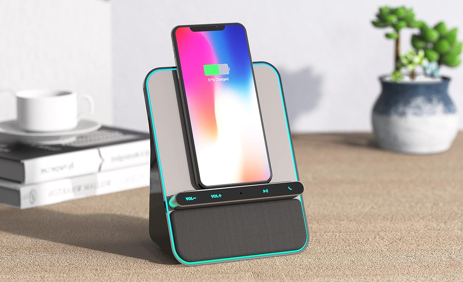 Wireless Charging Audio Dock by Azpen with Dual 8 watts Bluetooth Speakers, Upgraded Microphone for Handsfree Call, Wireless Charger for iPhone 15 14 13 12 11 and Samsung S23 S22 S21 S20