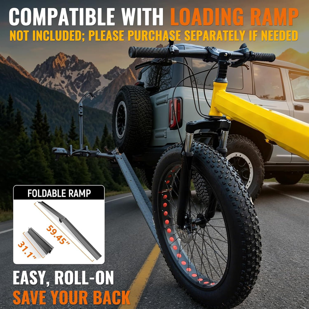 MEEVIZ Ebike Rack for Tow Hitch 2 Bike - 200 Lbs Capacity Heavy Duty Hitch Bike Rack, Smart Tilting Foldable Platform Bicycle Car Racks with 2" Receiver for SUV, Truck, Trailer, Fits Max 5" Fat Tire