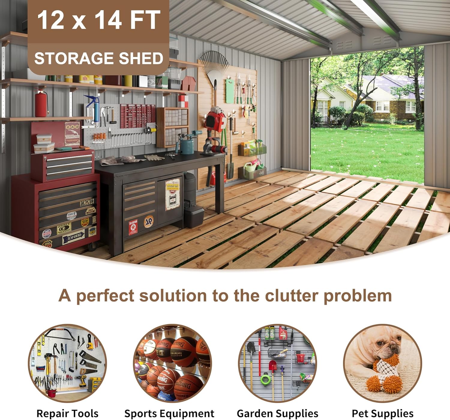 Polar Aurora 12x14 FT Outdoor Storage Shed, Garden Shed with Updated Frame Structure and Lockable Doors, Metal Tool Sheds for Backyard Garden Patio Lawn, White