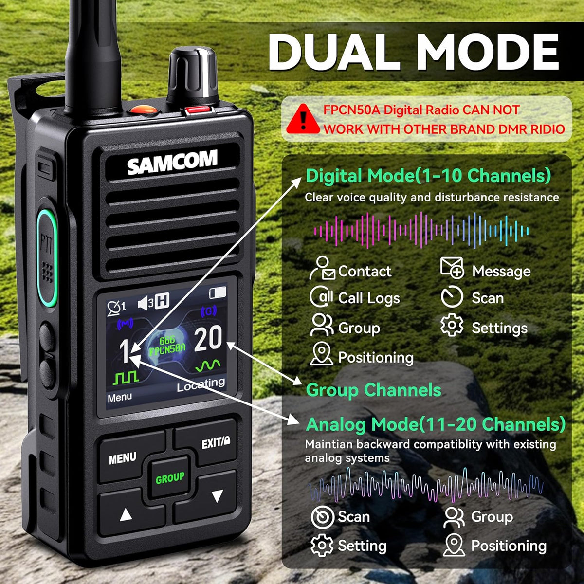 SAMCOM FPCN50A DMR Digital Two Way Radio 5W Long Range Walkie Talkie with GPS Tracking, Customizable Channels, IP67 Waterproof, Lone Worker,Emergency Button for Construction Security Industrial
