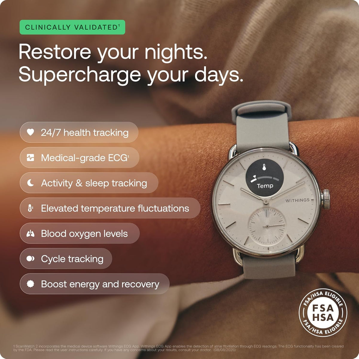 WITHINGS ScanWatch 2 - Hybrid Smart Watch, Heart Rate Monitoring, Fitness Tracker, Cycle Tracker, Sleep Monitoring, GPS Tracker, 30-Day Battery Life, Android & Apple Compatible, HSA/FSA