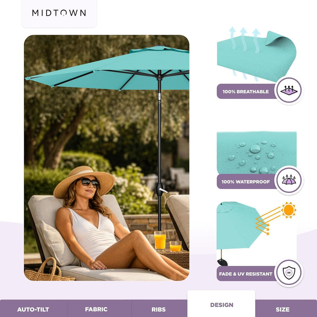 Midtown Umbrellas - The Lean 9 Ft Patio Umbrella with Fade-Resistant Sunbrella Fabric, Auto-Tilt Aluminum Frame and 8 Reinforced Ribs for Deck, Pool & Garden - Aruba Canopy, Black Pole