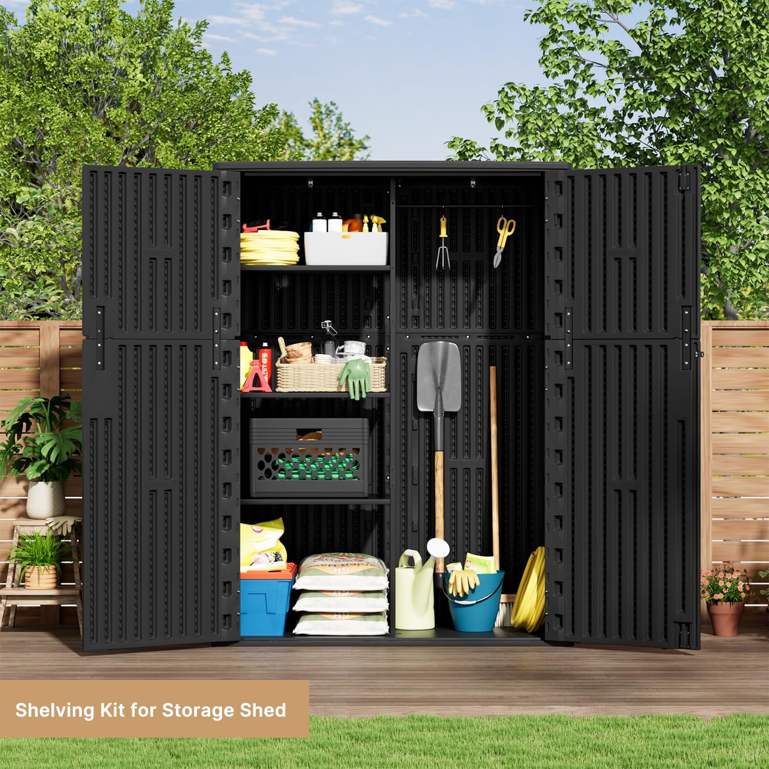 KINYING Outdoor Vertical Storage Shed,57 Cu.ft Outdoor Storage Cabinet Waterproof,Resin Sheds & Outdoor Storage Clearance for Garden,Patio,Backyard,Lockable (Black)