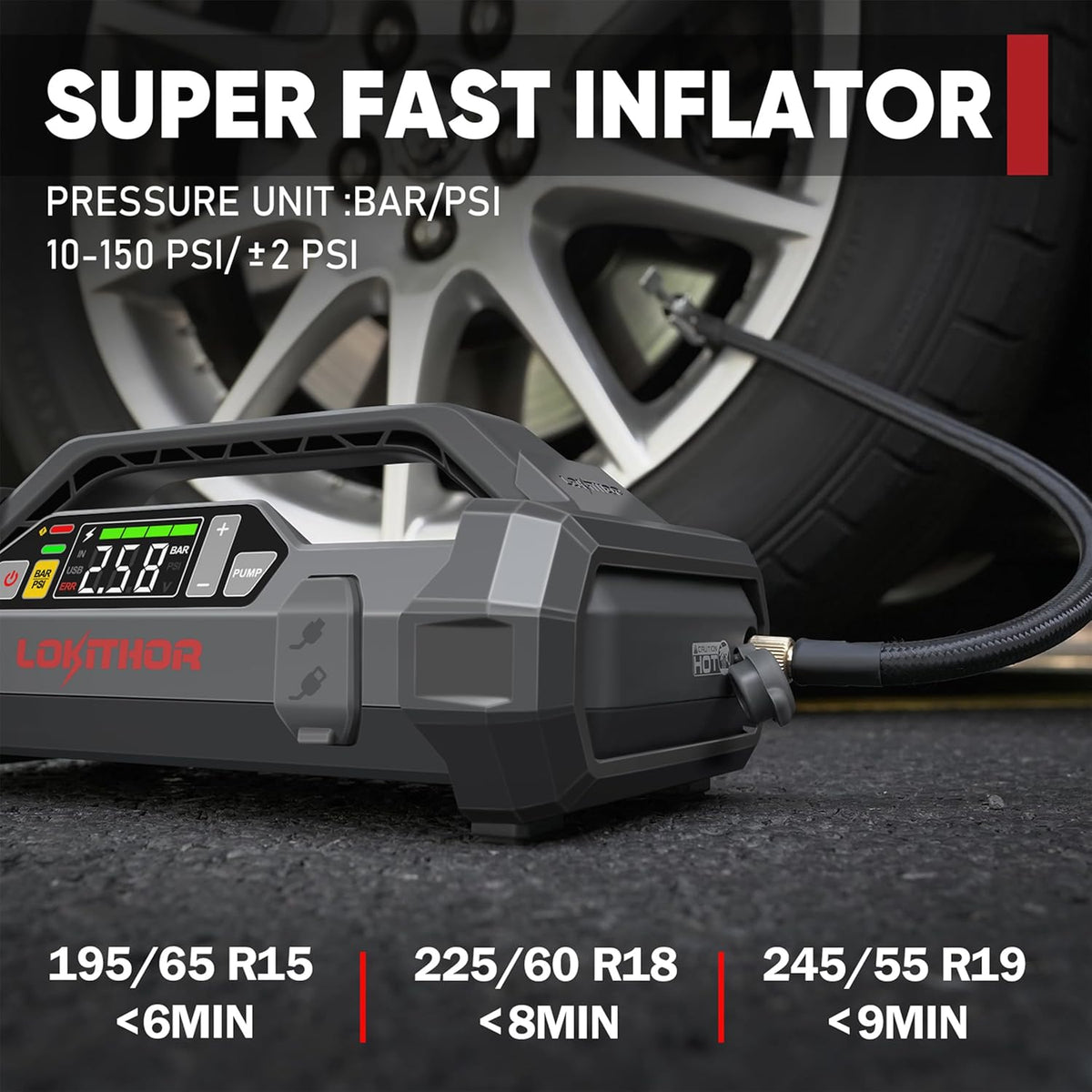 LOKITHOR JA302 Jump Starter with Air Compressor, 2500Amp 12V Portable Car Battery Booster Pack for Upto 8.5L Gas or 6.5L Diesel, 150 PSI Tire Inflator with Digital Screen, 36 Months Ultra-Long Standby