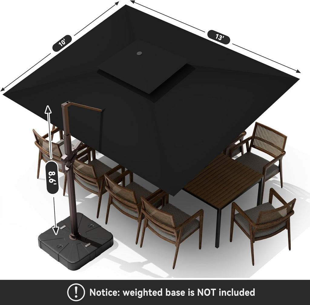 10 X 13 FT Cantilever Outdoor Patio Umbrella with LED Lights Large Heavy Duty 360° Rotation Double Top Offset Rectangular Umbrellas for Backyard Garden Pool Outside Deck, Black