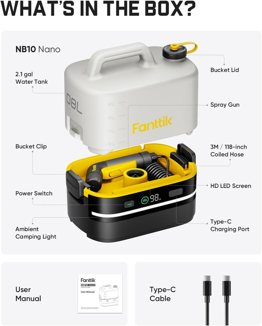 Fanttik NB10 Nano Portable Cordless Electric Sprayer w/2.1Gal Tank, HD LED Display, 4000mAh Lithium Battery, with Camping Light, Portable Washer for Light Cleaning in Home, Patio and Camping