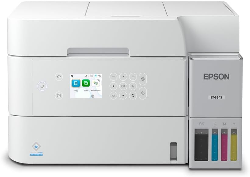 Epson EcoTank ET-3943 Wireless All-in-One Color Supertank Printer, Refillable Tanks, 2.4" Color Display, Auto Document Feeder, Auto Duplex Print/Copy, Scan, 250-Sheet Paper Tray – White