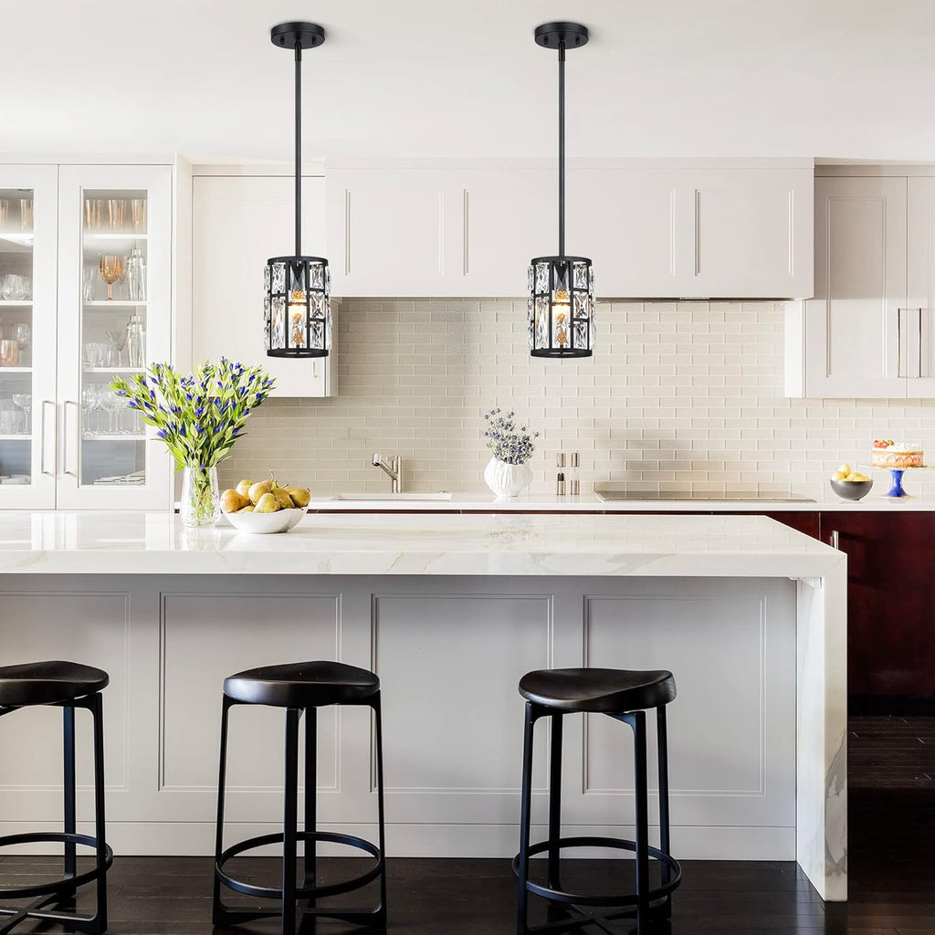 MEXO Modern Crystal Pendant Light Fixture 2-Pack Matte Black Finish Hanging Lighting Crystal Chandelier for Living Room, Kitchen