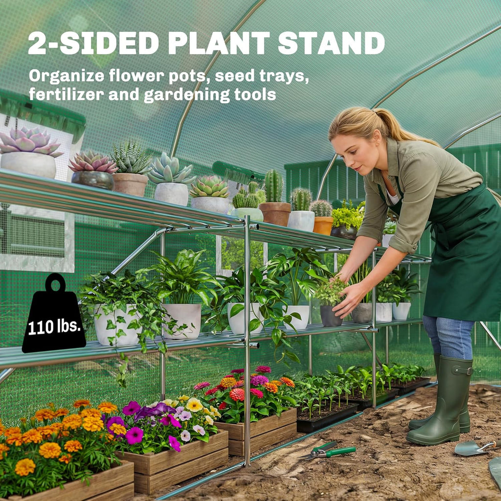 Outsunny 10' x 11' x 6' Walk-in Tunnel Greenhouse with Shelves, Plant Hot House with PE Cover, Mesh Door and Windows, Outdoor Green House for Patio Lawn Garden, Green