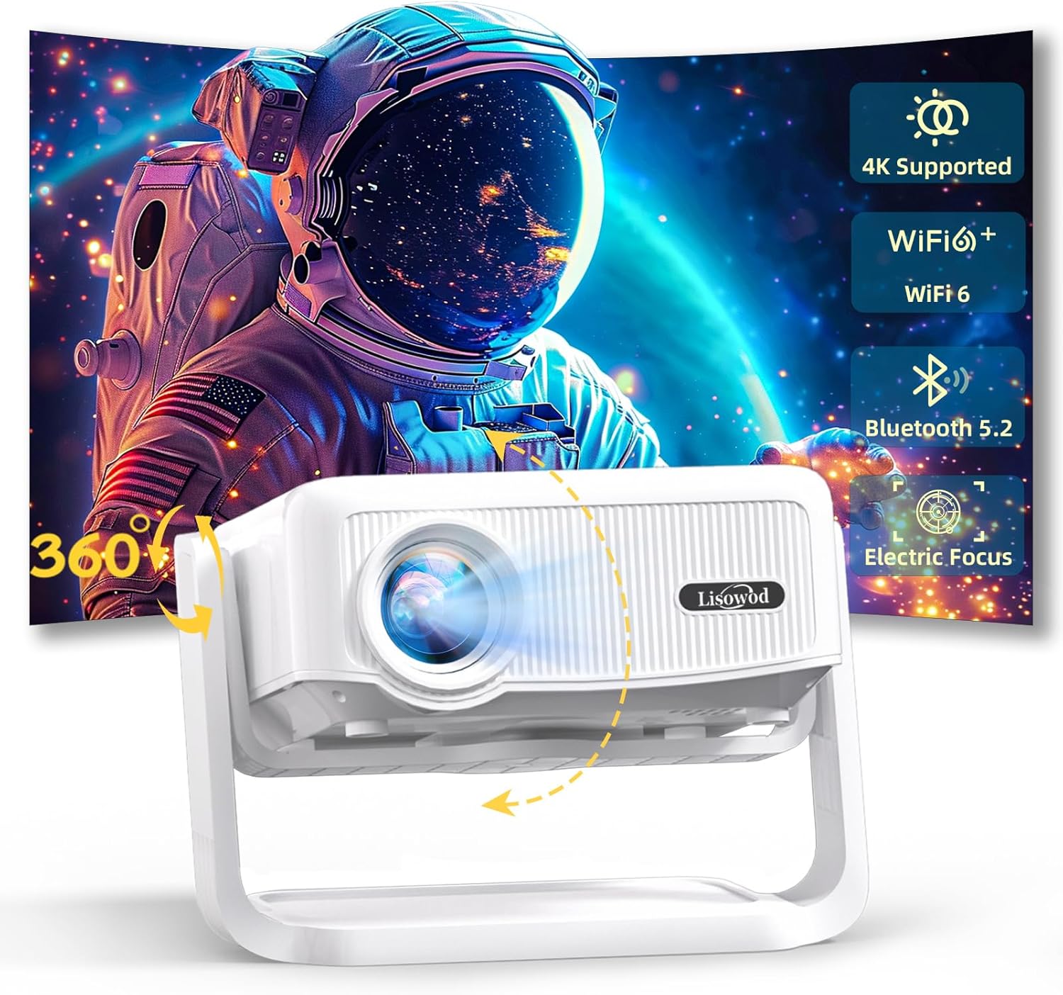 Projector with WiFi and Bluetooth,Mini-Projector: 1300 ANSI & 360°Adjustable-Stand &Electric Focus & Auto Keystone, Lisowod L02 2025 Upgrade Portable 1080P Outdoor Movie Projector for Phone/TV Stick