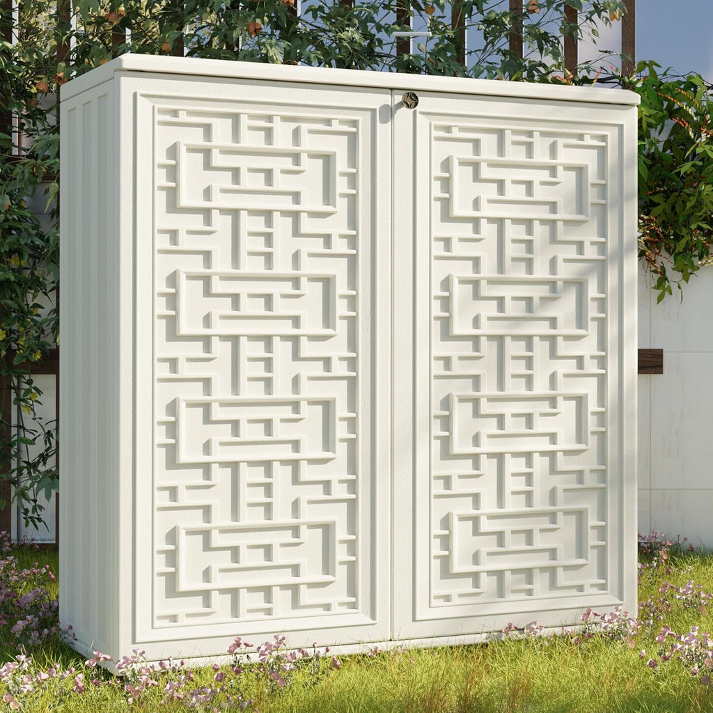 Mrosaa Indoor Outdoor Storage Cabinet Waterproof with Shelf, Off White Plastic Outdoor Cabinets for Patio/Garden/Backyard, Size 34.3''L*15''W*36.2''H