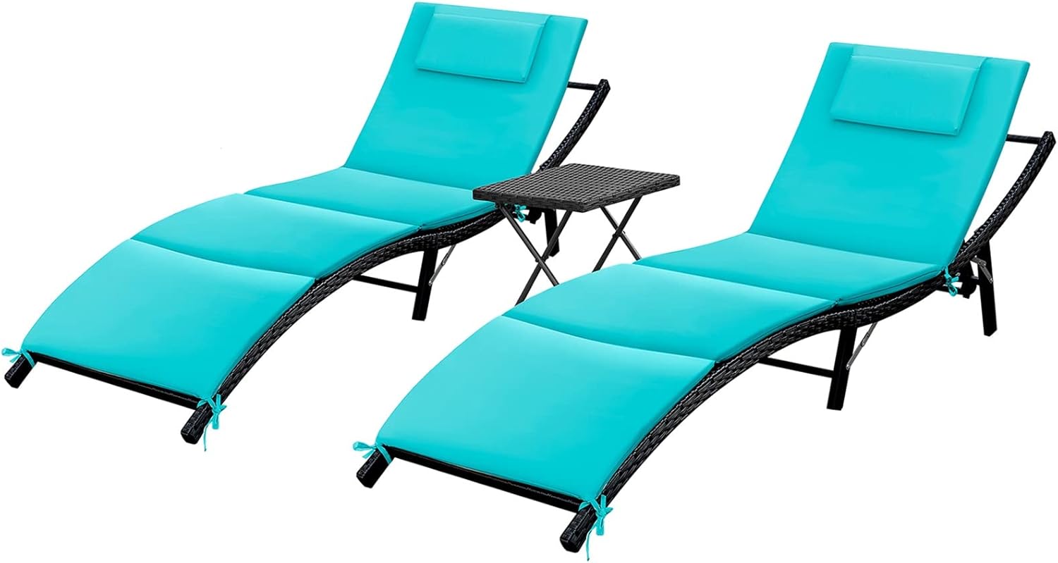 GUNJI Lounge Chairs for Outside 3 Pieces Patio Adjustable Chaise Lounge Outdoor Wicker Lounge Chairs Set of 2 with Table Folding Chaise Lounger for Poolside, Deck, Lawn (Blue)