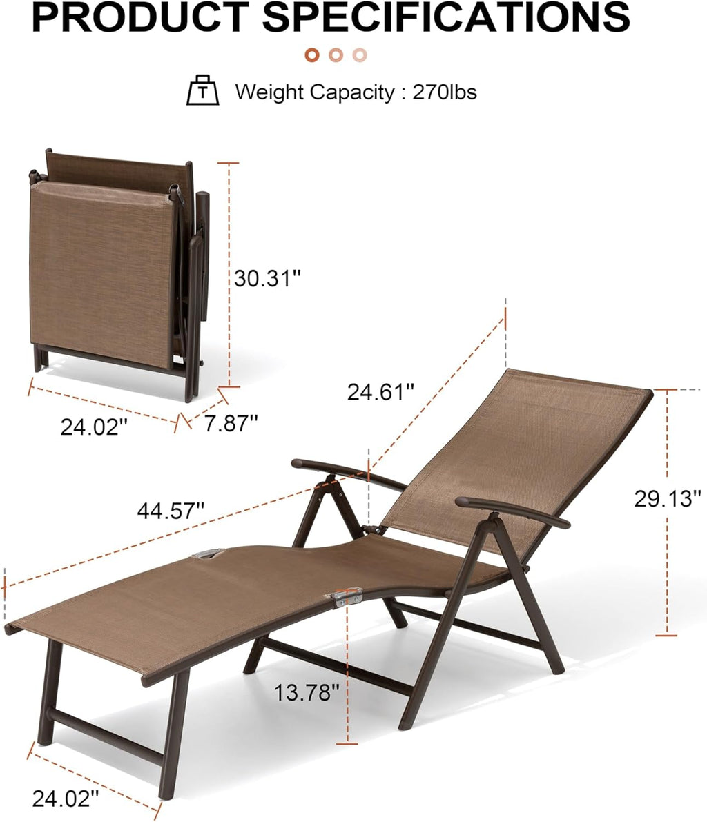Crestlive Products 2PCS Chaise Lounge Chair Outdoor with 1PC Side Table, Aluminum Folding Patio Recliner Chair, Adjustable 8 Positions Assemble-Free