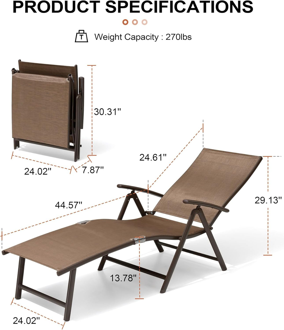 Crestlive Products 2PCS Chaise Lounge Chair Outdoor with 1PC Side Table, Aluminum Folding Patio Recliner Chair, Adjustable 8 Positions Assemble-Free