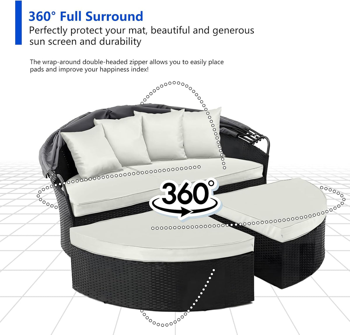 4PC Outdoor Round Daybed Cushion Cover with Zipper & Anti-Slip Particles,Circle Sun Island Sunbed Mattress Covers Waterproof,Patio Day Bed Cushions Slipcover ONLY COVER (White, 66*66*4inch)