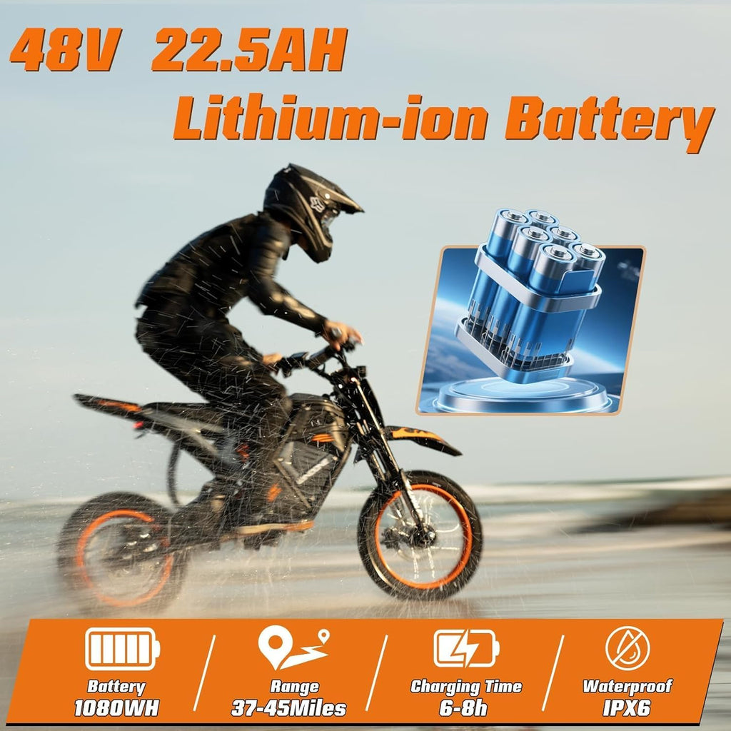 RM7 Electric Dirt Bike for Adults & Teens, 2200W Peak Ebike, 48V 22.5Ah, 37 MPH, 45 Miles, 14"/12" Tire Off-Road Electric Motorcycle, Dual Hydraulic Brakes, Fit Age 13+