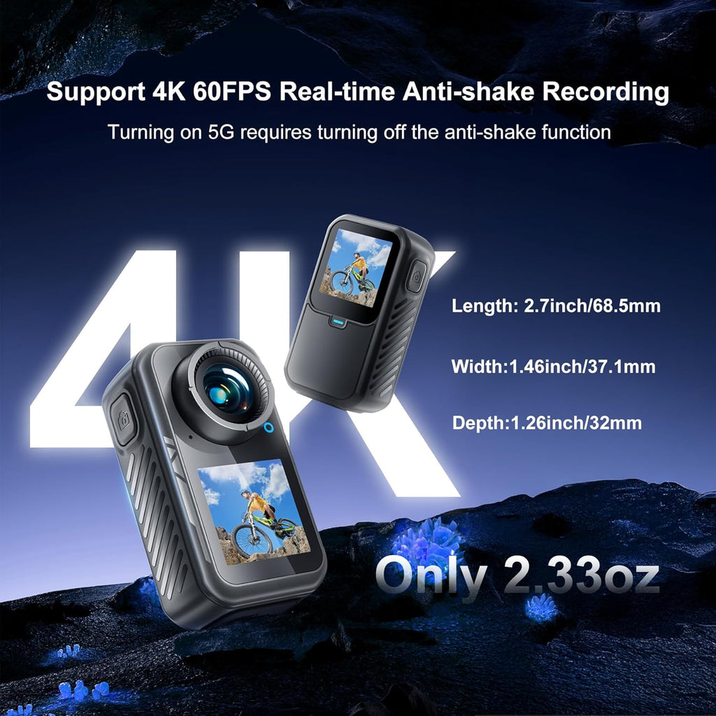 4K Mini Action Camera, EIS Stabilization, 130° Wide Angle, Dual Touchscreen, Pre-Record, Waterproof for Vlogging, Outdoor Adventures(Black, 128, GB)
