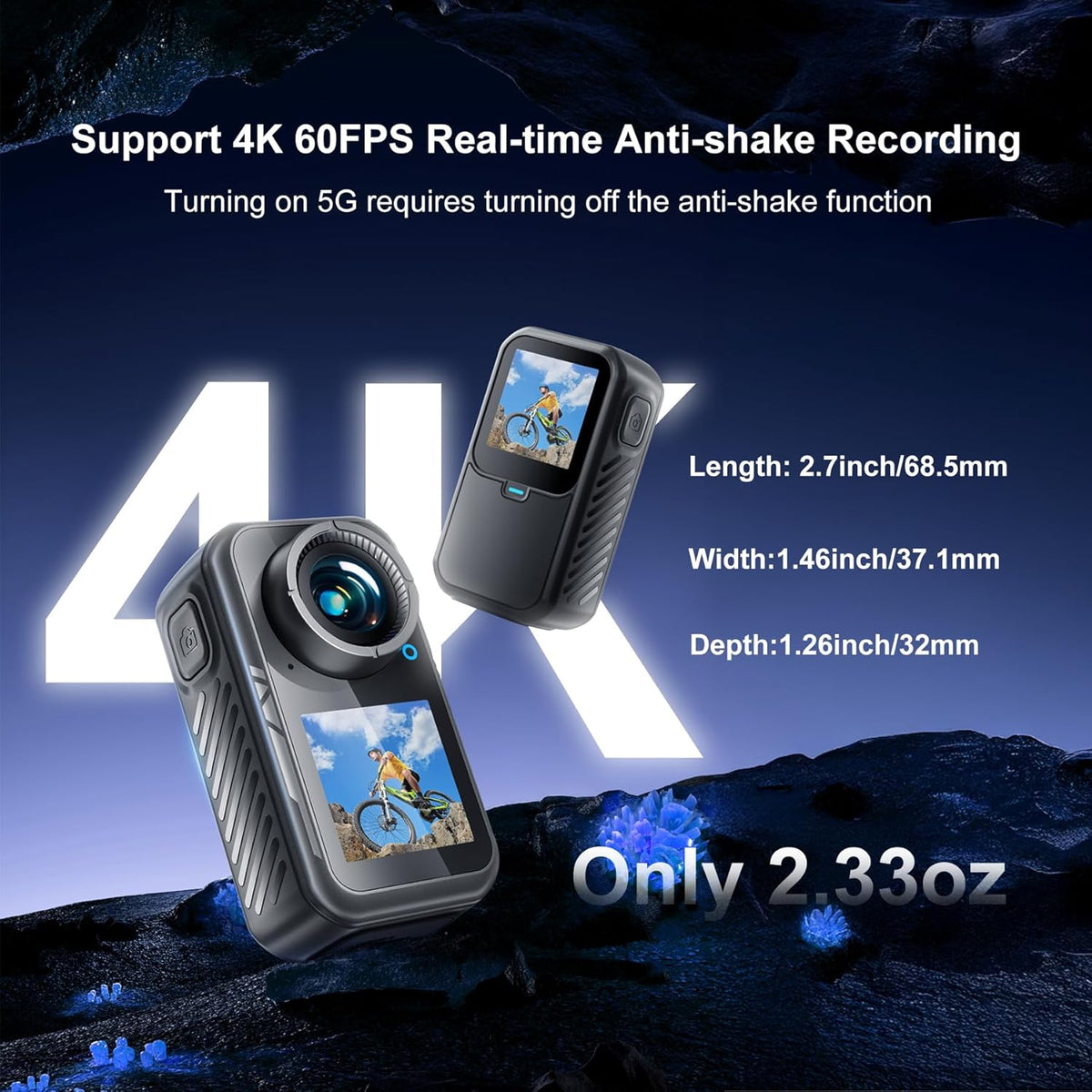 4K Mini Action Camera, EIS Stabilization, 130° Wide Angle, Dual Touchscreen, Pre-Record, Waterproof for Vlogging, Outdoor Adventures(Black, 128, GB)