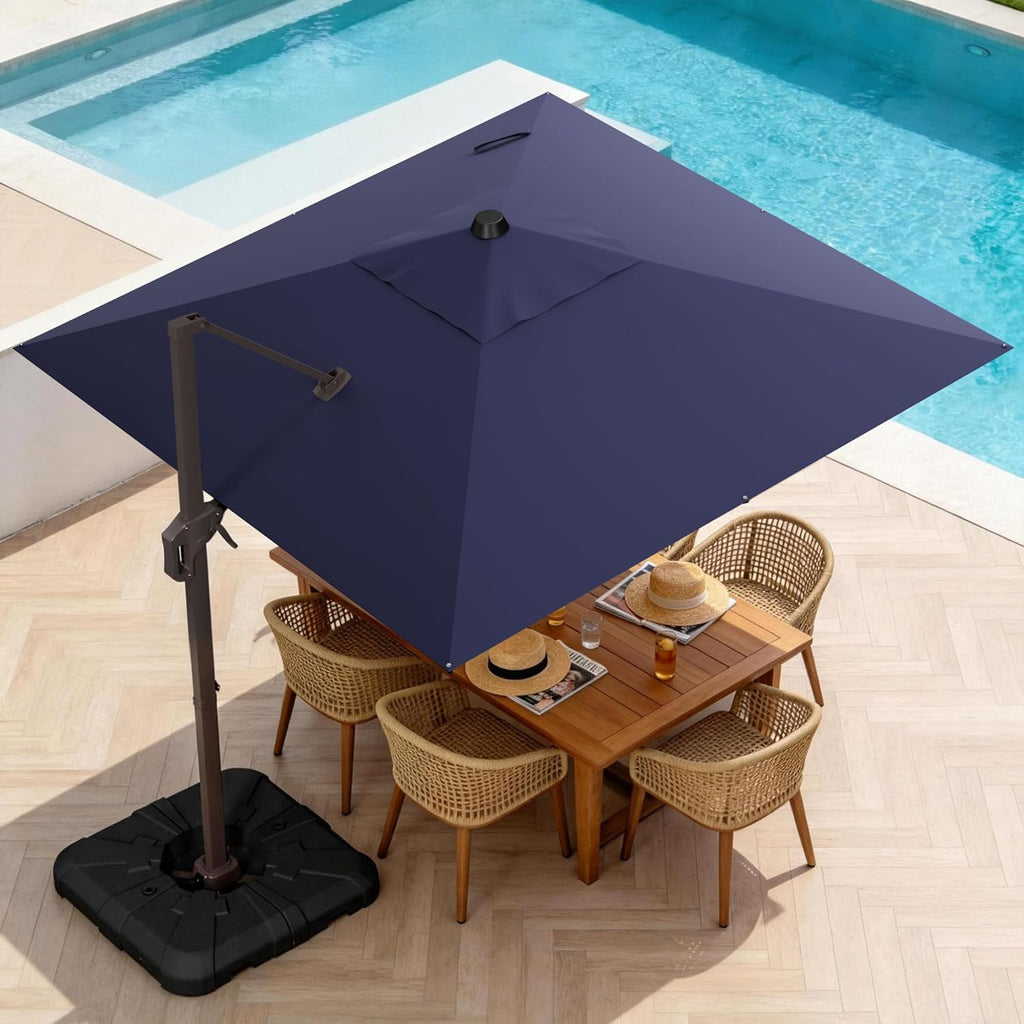 10' X 10' Patio Umbrella Cantilever Outdoor Rectangle Umbrella with Base Included, Heavy Duty 360°Rotation Offset Umbrella for Garden Deck Pool Patio, Navy Blue