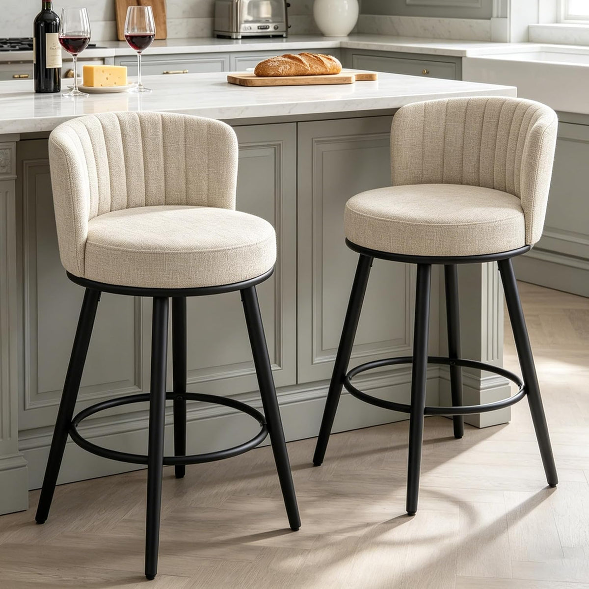 Swivel Bar Stools Set of 2, 28" Seat Height, Modern Design, Upholstered Barstools with Back and Footrest, Metal Legs, Suitable for Kitchen Island, Counter, Dining Room