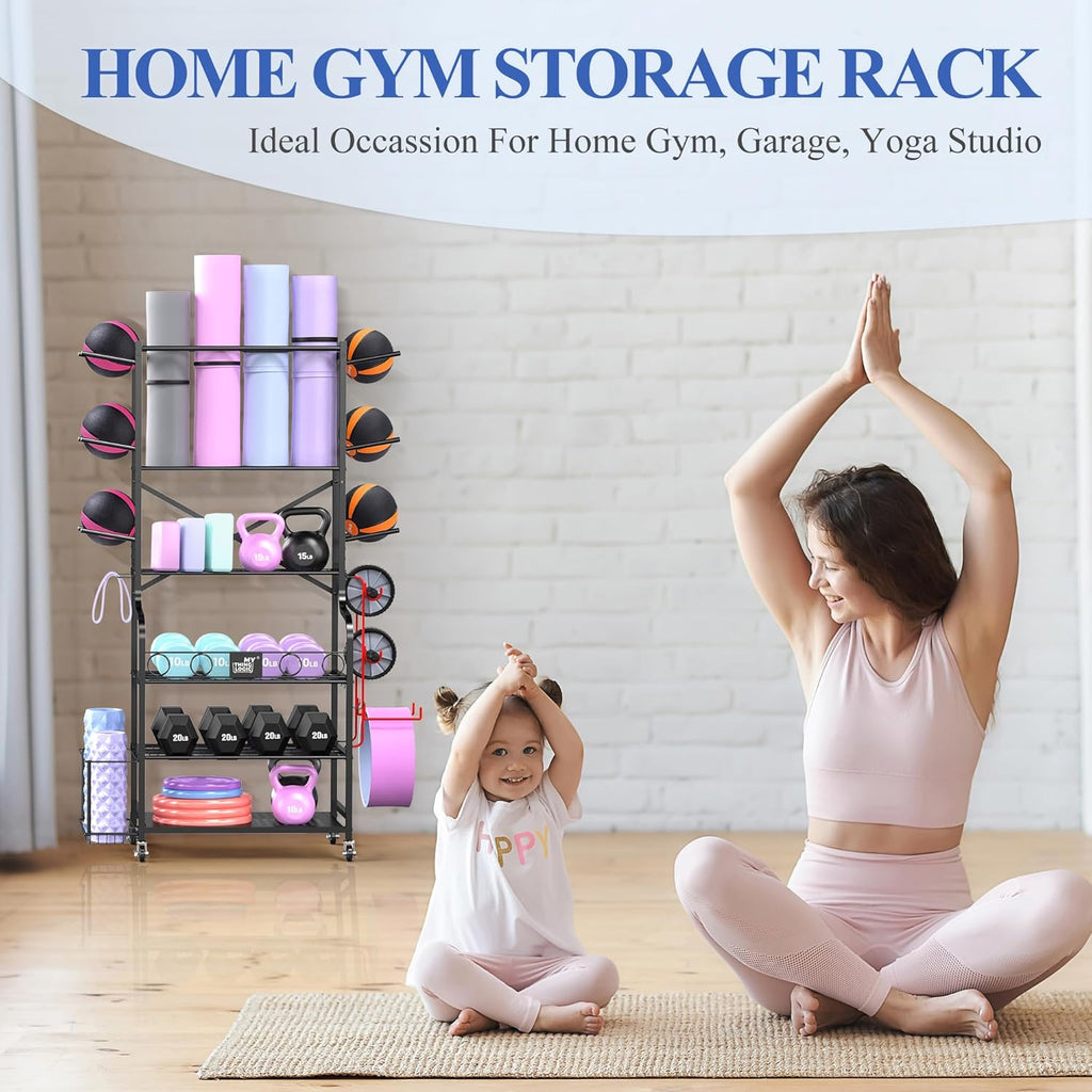 Mythinglogic Yoga Mat Storage Racks,Home Gym Storage Rack for Dumbbells Kettlebells Foam Roller, Yoga Strap and Resistance Bands, Workout Equipment Storage Organizer With Hooks and Wheels