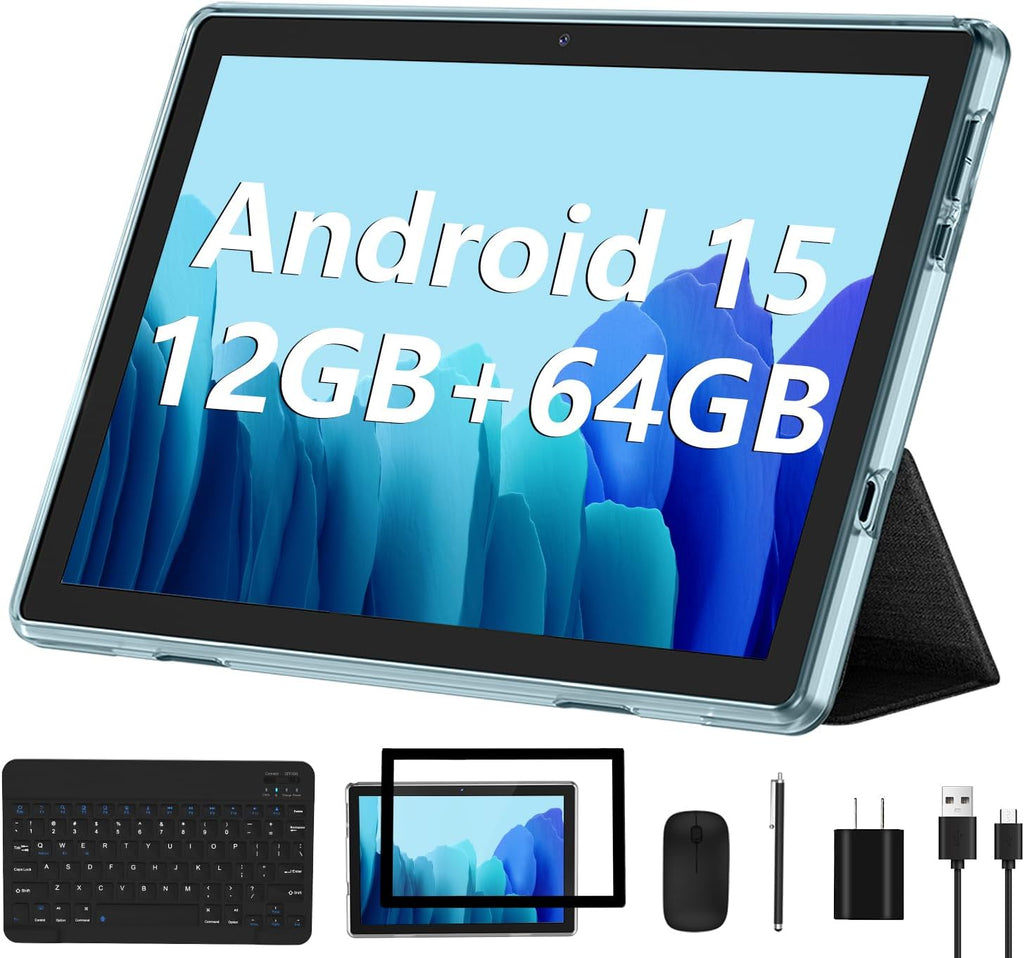 ECOPAD Android 15 Tablet, 10 Inch Tablets with Keyboard Mouse 12GB RAM + 64GB ROM +1TB Expand, 2 in 1 Tableta with WiFi 6 / Bluetooth/GMS Certified/IPS Touch Screen, Blue Set
