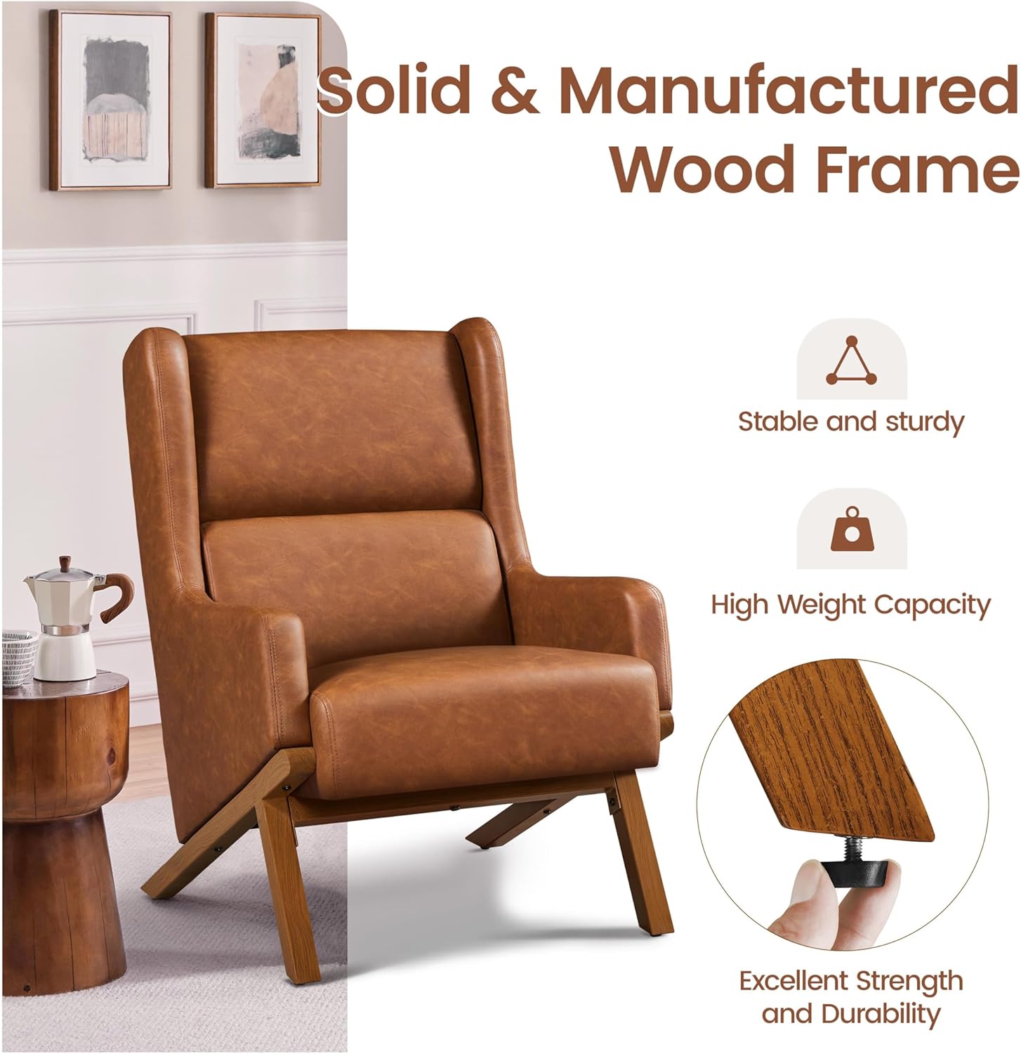Yaheetech Accent Chairs Set of 2, Living Room Chairs, Faux Leather Armchairs Thick Seat Cushion, Oversized Recliner Chair High Backrest for Bedroom Office Reception Room Reading Nook, Brown