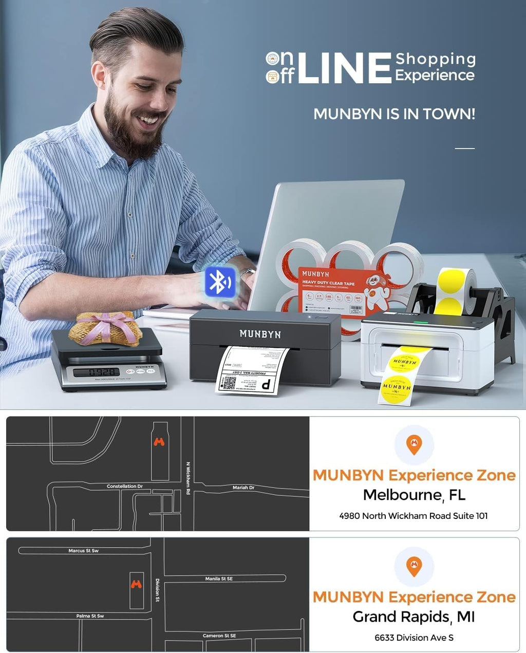 MUNBYN Shipping Label Printer RealWriter 941, 4x6 Thermal Label Printer for Shipment of Packages, Home Shipping Small Business, Compatible with macOS, Windows (USB/USB+Bluetooth)