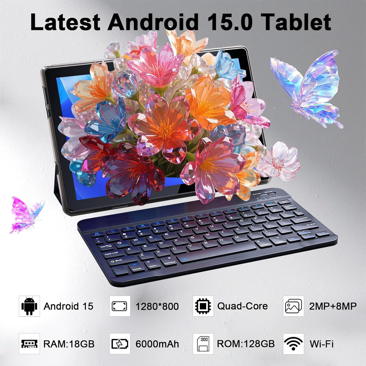 Tablet Android 15 10 Inch 18GB RAM+128GB ROM/ 2TB Expandable Tablet, 1280 * 800 HD Touch Screen, 5G WiFi6 BT 5.0, 2 in 1 Tablets with Keyboard Case Mouse Stylus (Black)