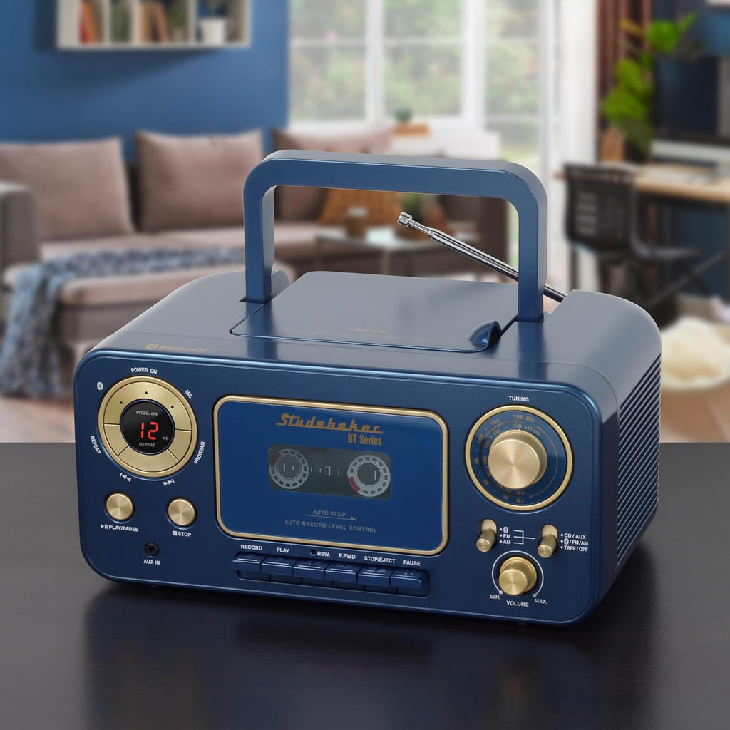 Portable Stereo CD Player with Bluetooth, AM/FM Stereo Radio and Cassette Player/Recorder (Blue)