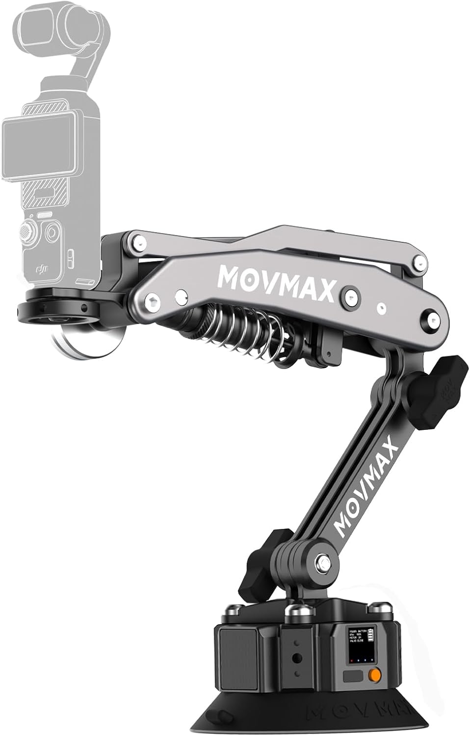 MOVMAX Blade Arm Solar Electronic Suction Cup Mount, Shock Absorber Arm Car Mount for DJI Pocket 4/3, GoPro Hero 13, 360 Action Cameras with Auto Pressure Detection & LCD Display, Pocket 3 Accessories