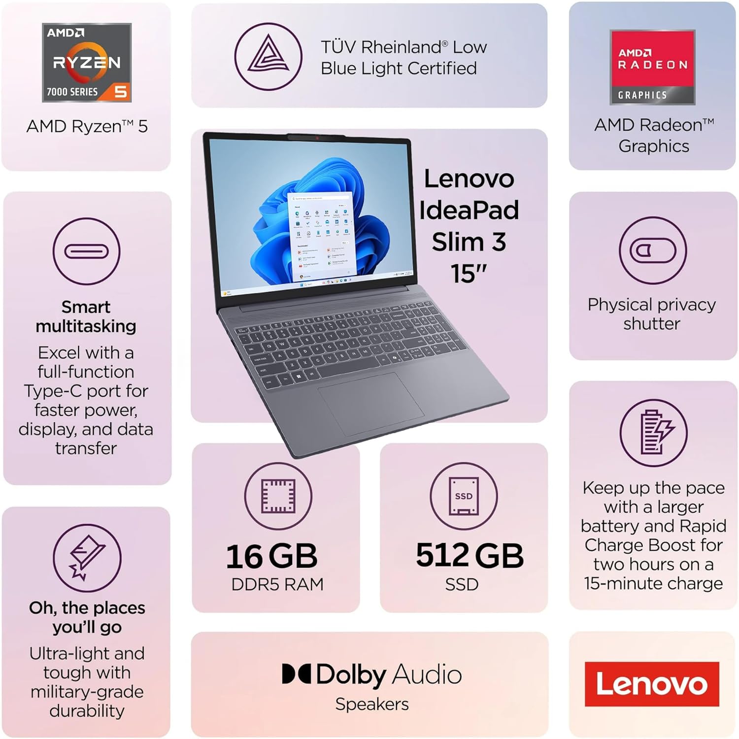 Lenovo Gaming Laptop, 15" WUXGA IPS Display, AMD Ryzen 5 7535HS, 16GB DDR5 RAM, 512GB PCIe SSD, Radeon 660M Graphics, Copilot AI PC, HDMI, Type-C, WiFi 6, Bluetooth 5.3, Luna Grey, Windows 11 Home