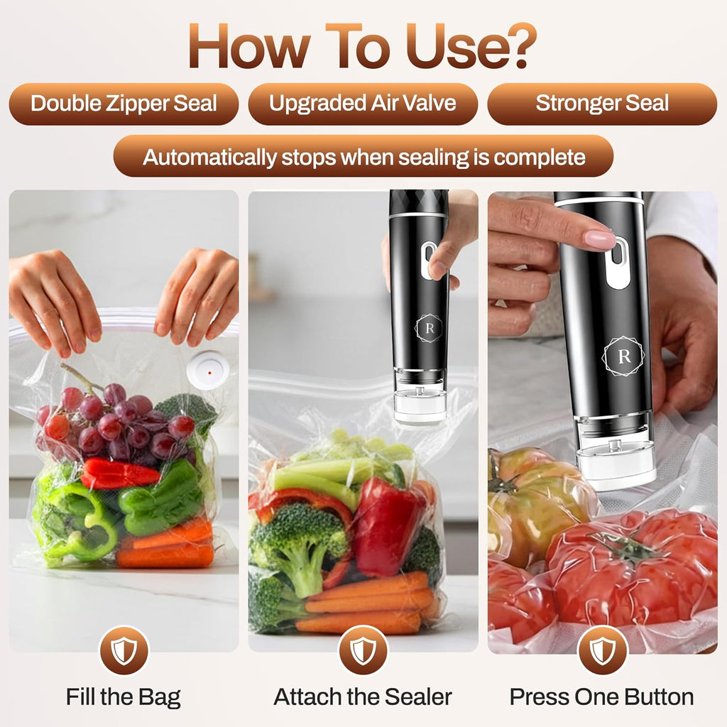 Compact Vacuum Sealer for Food - Powerful Handheld Vacuum Sealer with 30 BPA-Free Reusable Bags and 5 Clips, Rechargeable Cordless Sealer with Detachable Moisture Tank for Meal Prep, Freezer & Travel