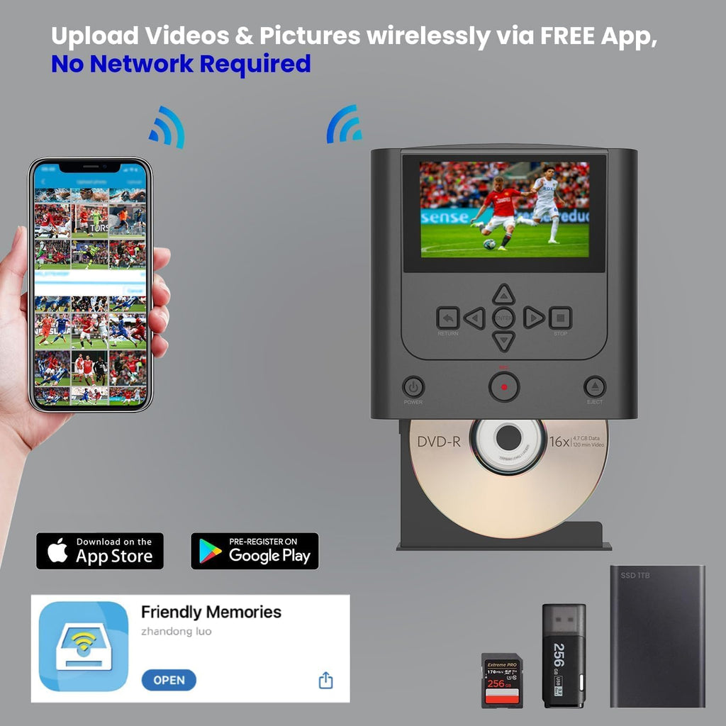 VHS to DVD Recorder, VCR to DVD Recorder-Convert Photos and Videos Between VHS,VCR,Memory Card .DVD and USB. Phone can use a Free app to Burn Videos and Photos, Also has TV Recording Function（Black）
