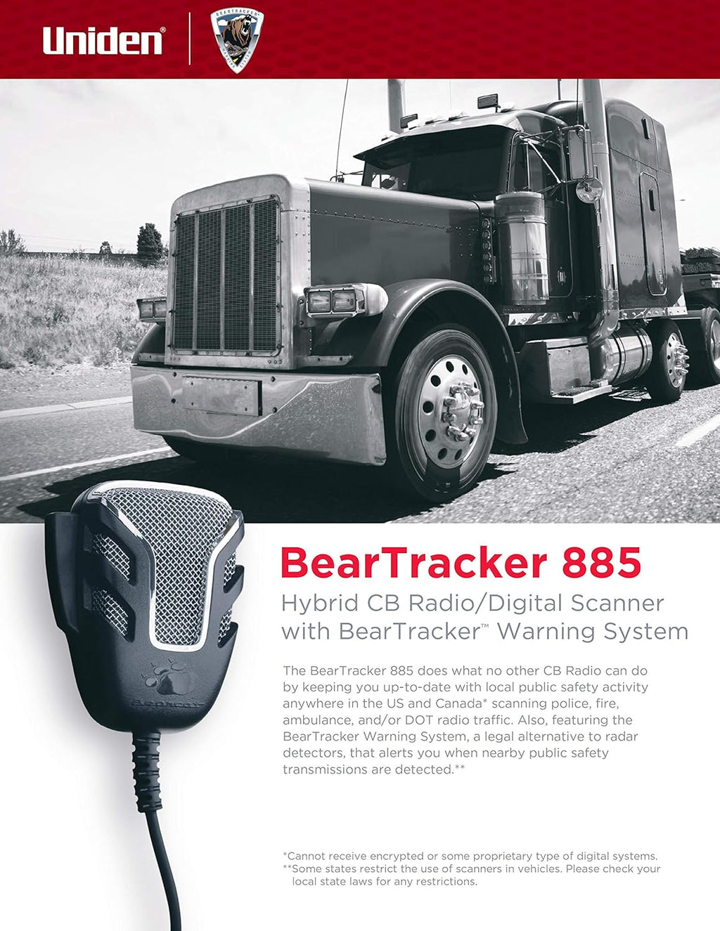 Uniden BEARTRACKER 885 Hybrid Full-Featured 40-Channel 4-Watt CB Radio + Digital TrunkTracking Police/Fire/Ambulance Scanner Bundle with BC906W Wireless CB Microphone Speaker
