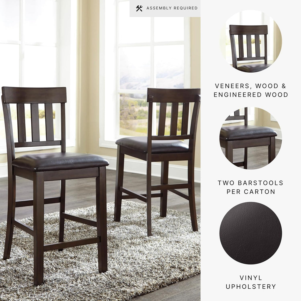 Signature Design by Ashley Haddigan Upholstered Barstool, 2 Count, Slat Back Design, Cushioned Seat, Wood, 25.5" H, Dark Brown