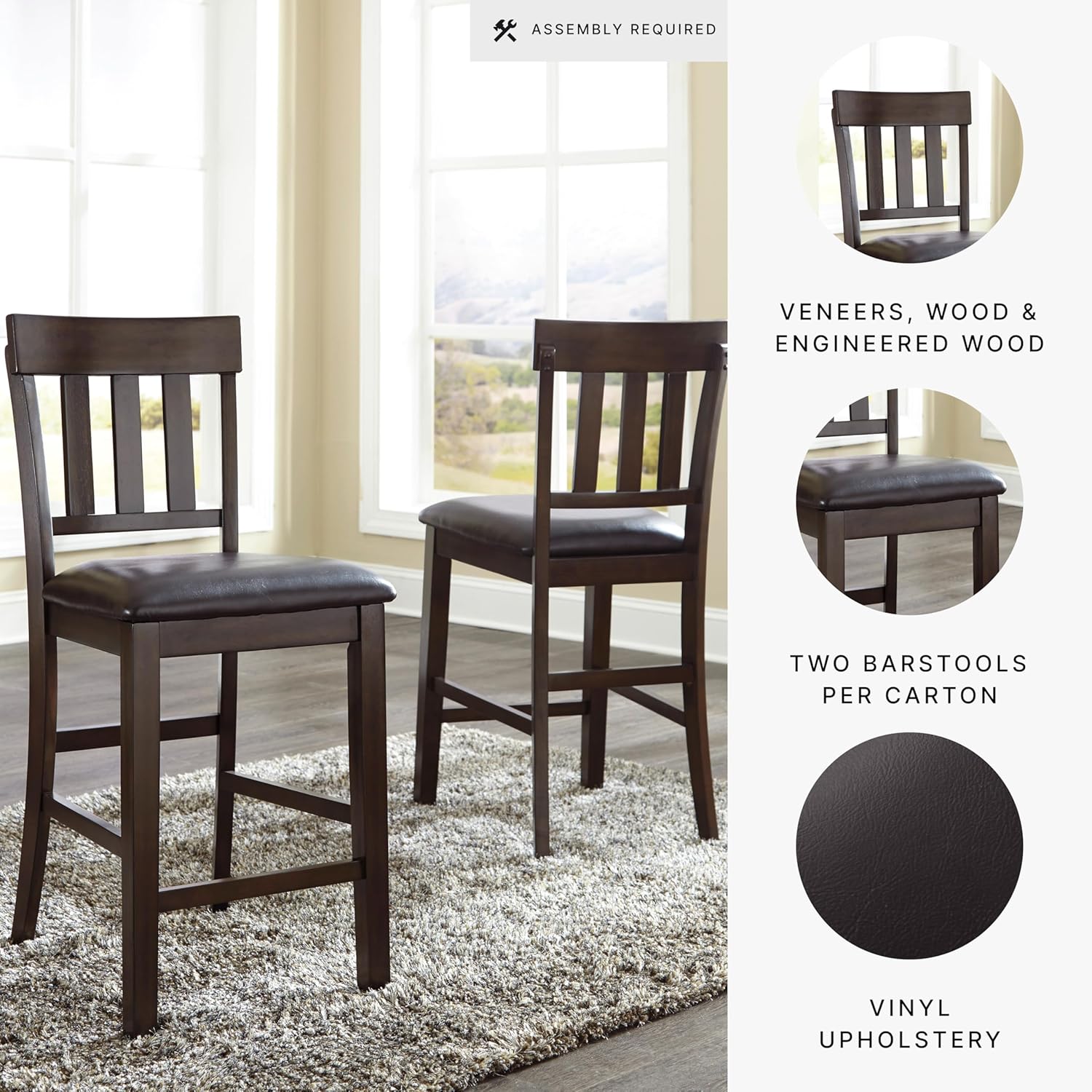 Signature Design by Ashley Haddigan Upholstered Barstool, 2 Count, Slat Back Design, Cushioned Seat, Wood, 25.5" H, Dark Brown