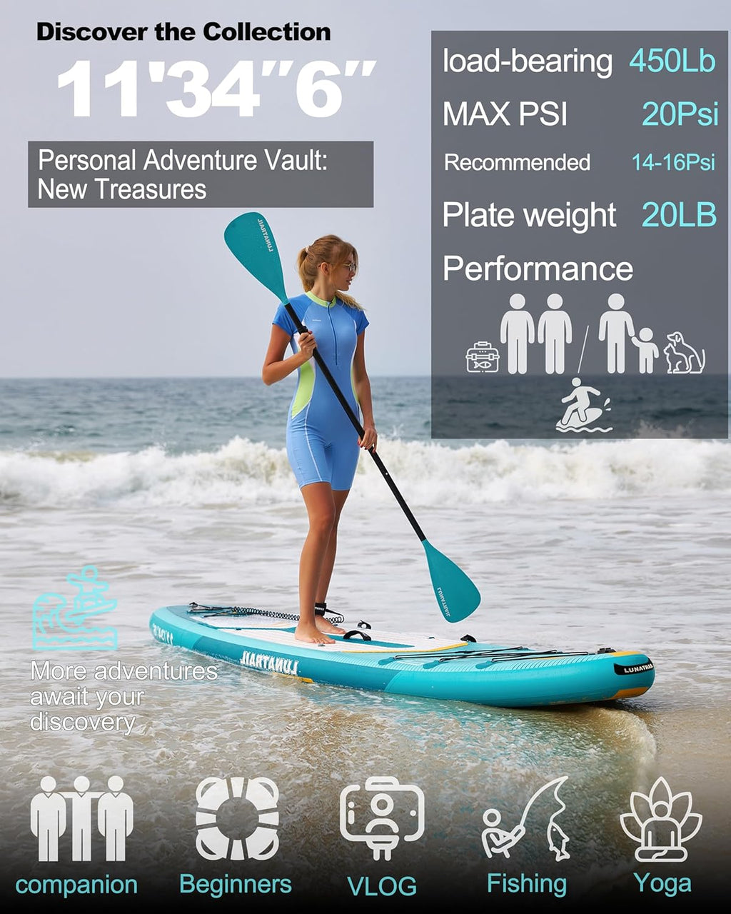【11'×34"】 Extra Long/Extra Wide Premium Inflatable Stand Up Paddle Board (SUP) – Portable & Lightweight for Yoga, Surfing, Family Fun | Complete Kit with Paddle, Pump, Bag | Durable Design