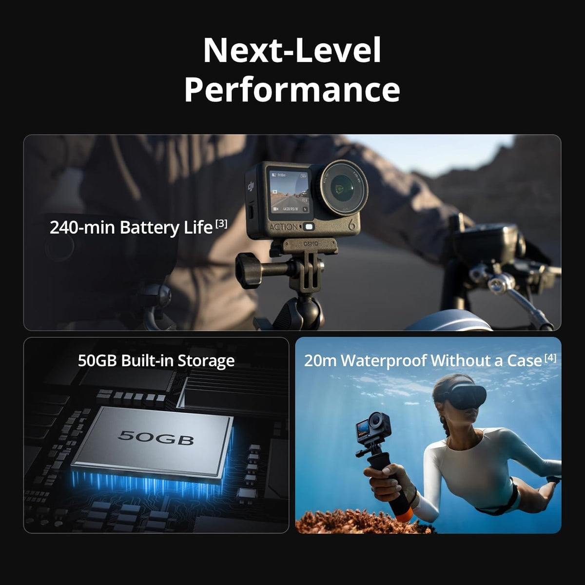 DJI Osmo Action 6 8K Waterproof Action Camera Bundle, 1/1.1" Square Sensor, Variable Aperture of f/2.0–f/4.0, 50GB Built-In Storage, Original Essential Combo + 58 Piece Accessory Kit + Extra 64GB Card