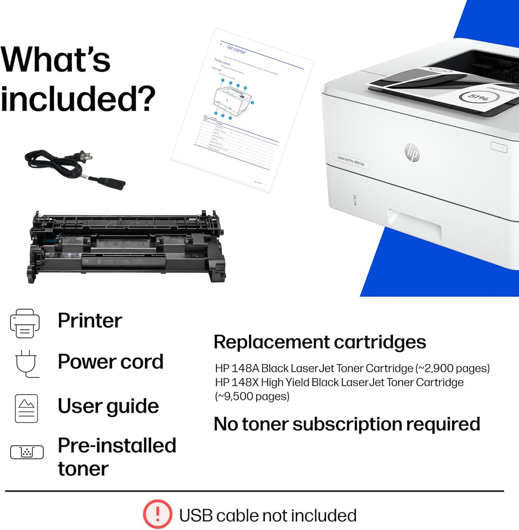 HP LaserJet Pro 4001dn Black & White Printer, Print, Fast speeds, Easy Setup, Mobile Printing, Advanced Security, Best-for-Small Teams, Ethernet/USB only