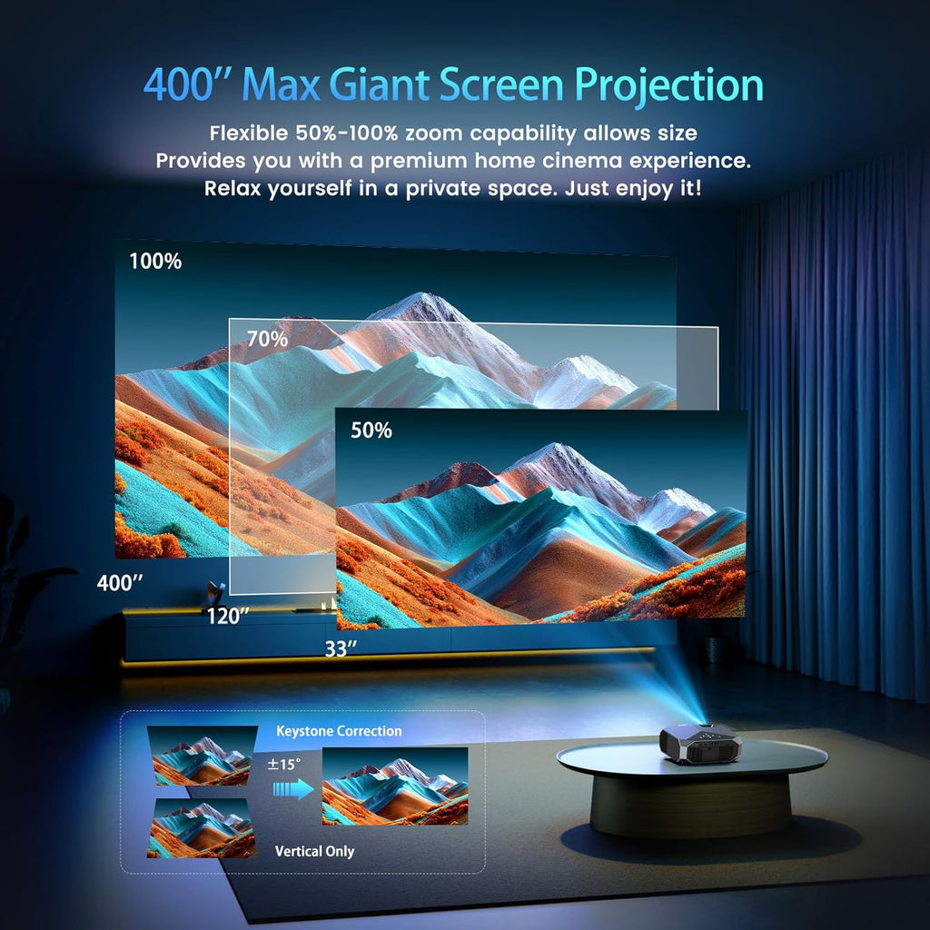 Compatible with Netflix/High Brightness Smart Projector with WiFi 6 and Bluetooth 5.3, 4K Outdoor Movie Projector with Prime Video/YouTube, Portable Proyector Compatible with HDMI/USB/iOS/Android
