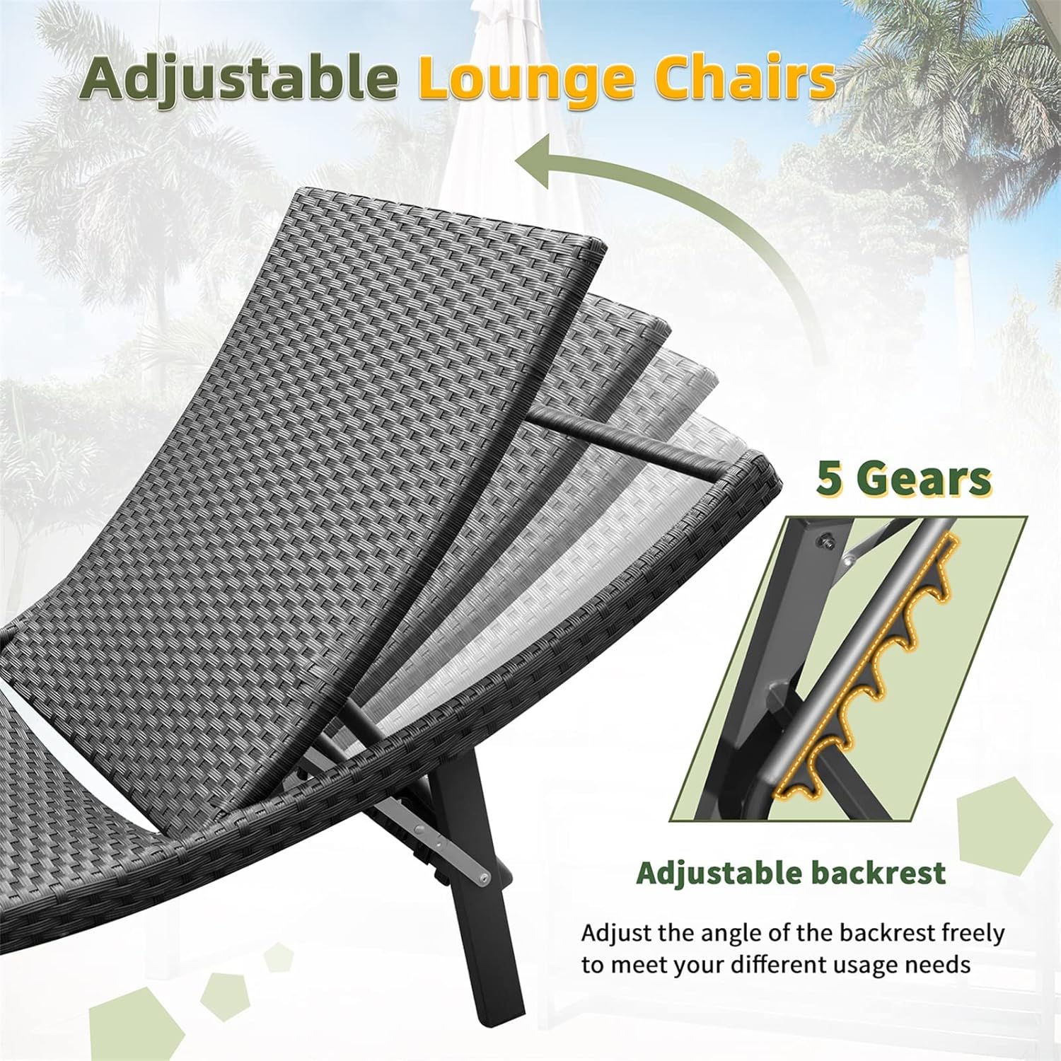 GUNJI Lounge Chairs for Outside 3 Pieces Patio Adjustable Chaise Lounge Outdoor Wicker Lounge Chairs Set of 2 with Table Folding Chaise Lounger for Poolside, Deck, Lawn (Blue)