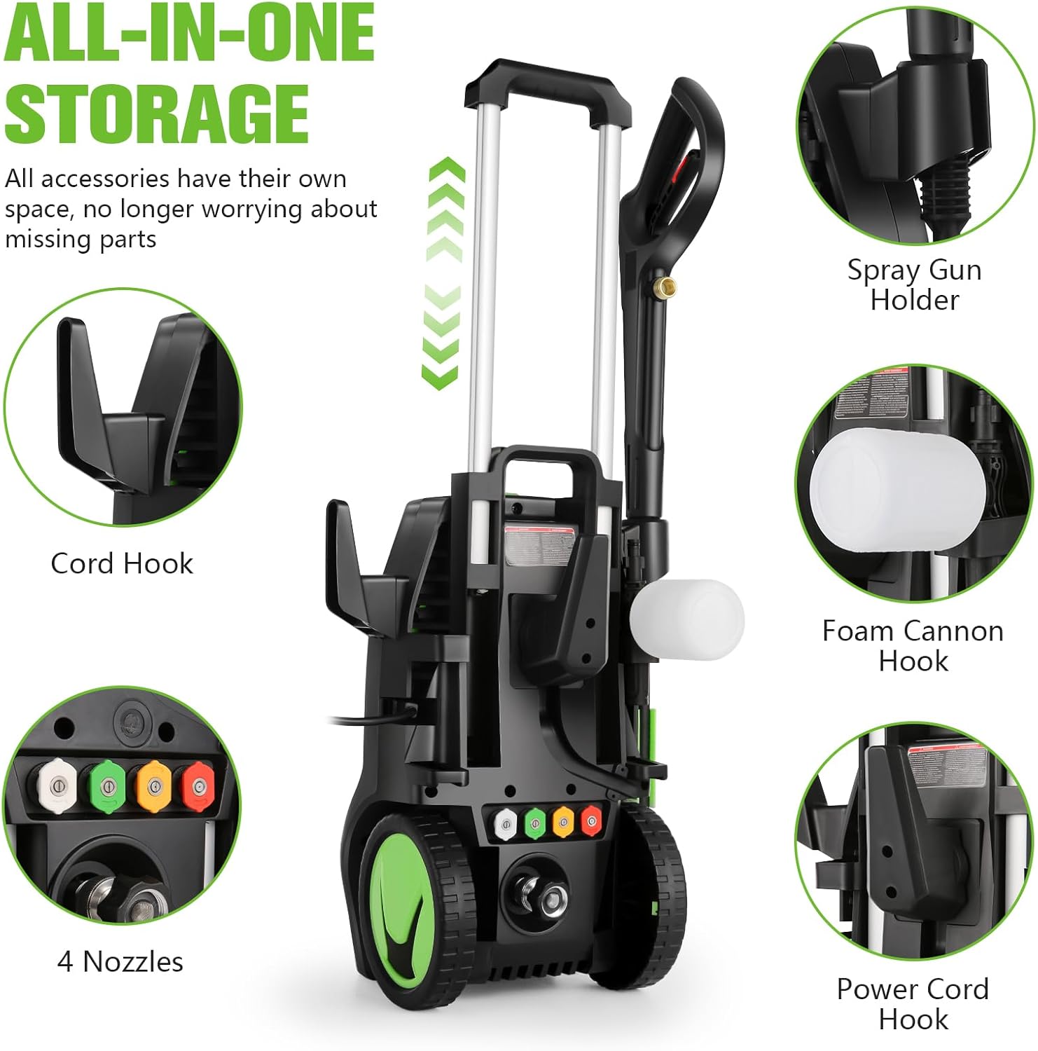 Heavy Duty 𝟓𝟎𝟎𝟎𝐏𝐒𝐈 𝐏𝐫𝐞𝐬𝐬*𝐮𝐫𝐞 𝐂𝐥𝐞𝐚*𝐧𝐞𝐫 with 33FT Pipe, 4 QC Nozzles for Cars/Fences/Patios/Home Cleaning, Deep Green