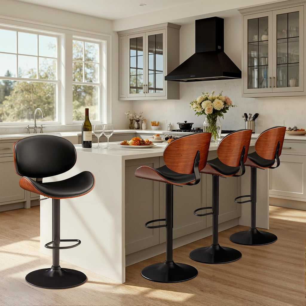 Furmax Bar Stools Set of 2 Adjustable Swivel Bentwood Barstools PU Leather Modern Bar Chairs with Back & Footrest for Bar, Kitchen Island, Dining Room (Black, Set of 2)