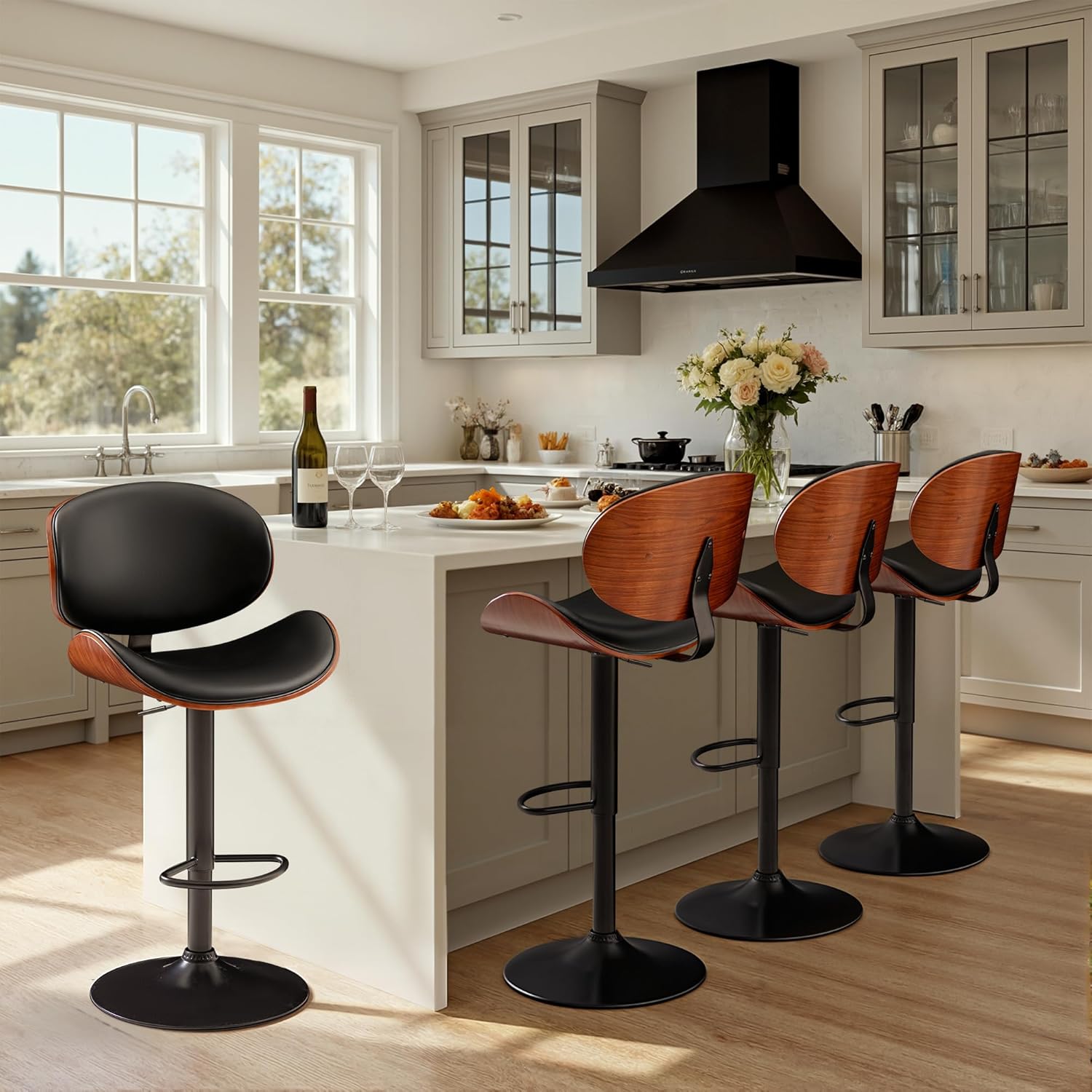 Furmax Bar Stools Set of 2 Adjustable Swivel Bentwood Barstools PU Leather Modern Bar Chairs with Back & Footrest for Bar, Kitchen Island, Dining Room (Black, Set of 2)