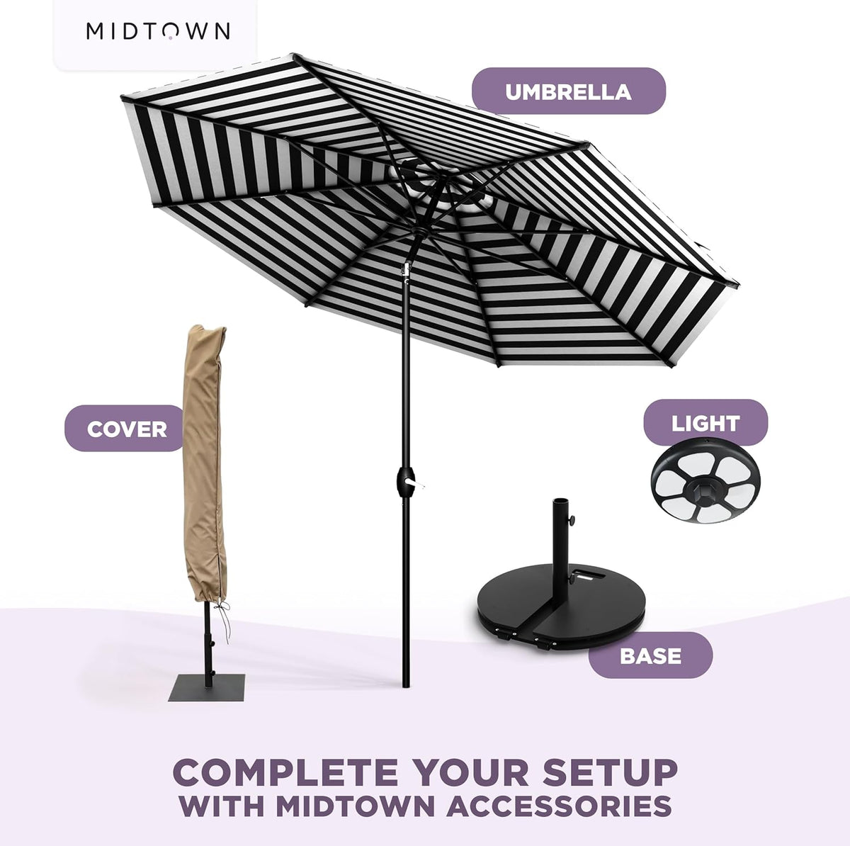 Midtown Umbrellas - The Lean 9 Ft Patio Umbrella with Fade-Resistant Sunbrella Fabric, Auto-Tilt Aluminum Frame and 8 Reinforced Ribs for Deck, Pool & Garden - Black & White Canopy, Black Pole