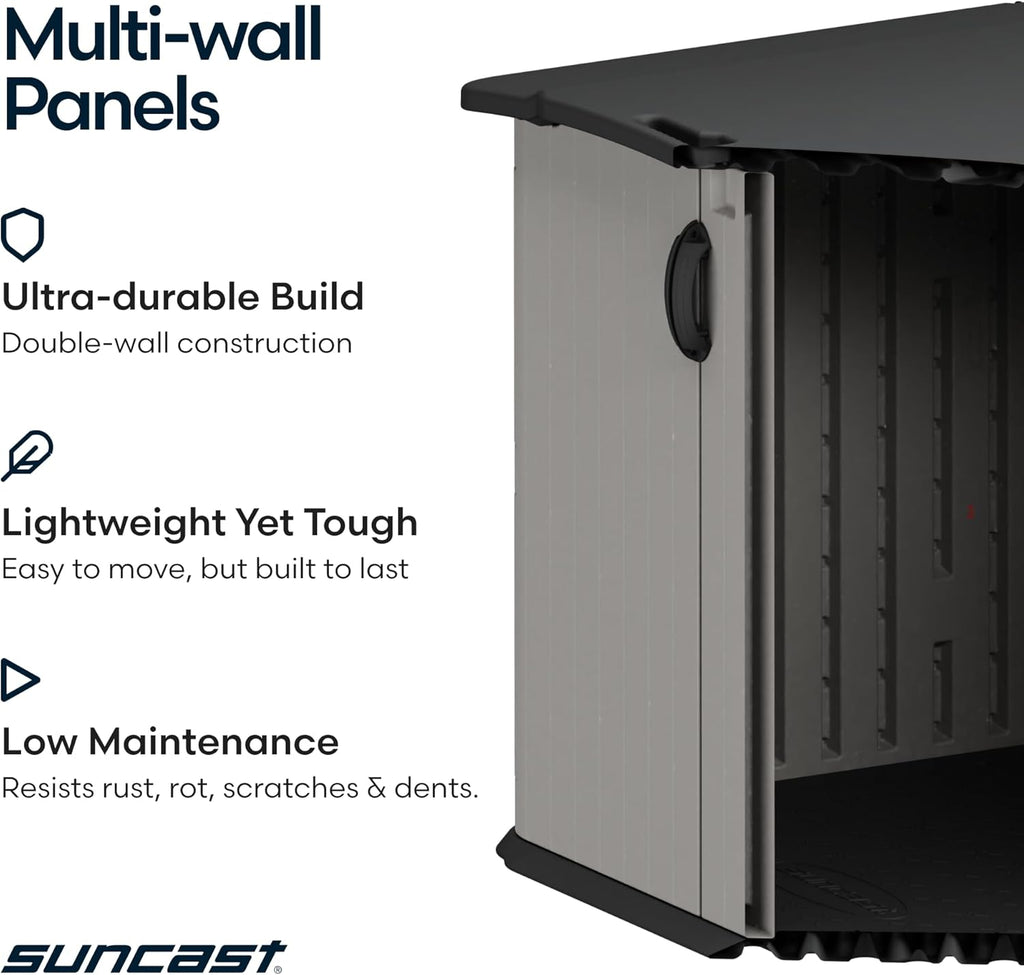 Suncast 138 Cu Ft Horizontal Outdoor Storage Shed, 57.5"x79.75"x52" Glidetop Outdoor Shed with Sliding Lid, Resin Storage Sheds with Floor for Bikes, Motorcycles, & Lawn Mower, Made in The USA