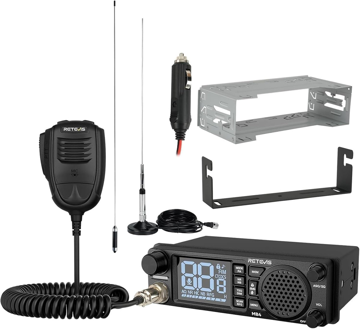 Retevis MB4 DIN Mount CB Radio Kit, NRC Noise Canceling Mobile Radio, Front Facing Speaker, PA, Cigarette Lighter, 40-Channel AM/FM, Long Range CB Radio with Antenna for Trucker Off Road Emergency